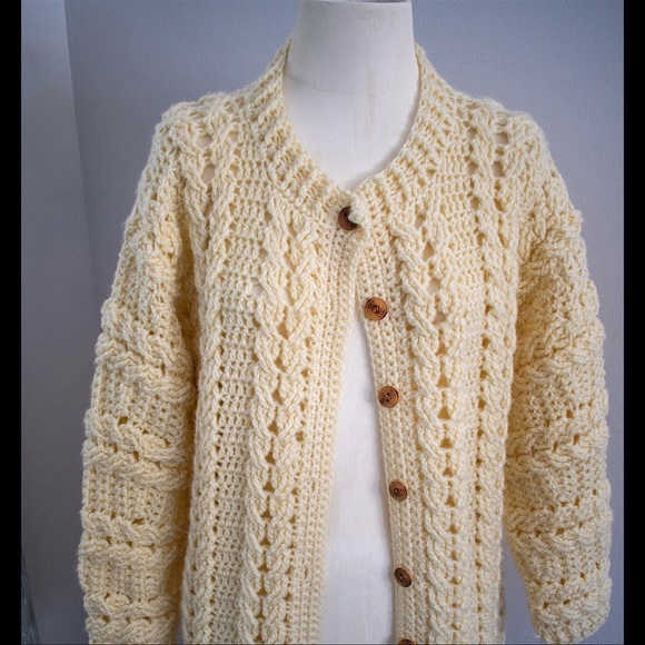 Chunky Buttery Yellow Hand Knit Cardigan, Medium - Picture 4 of 10
